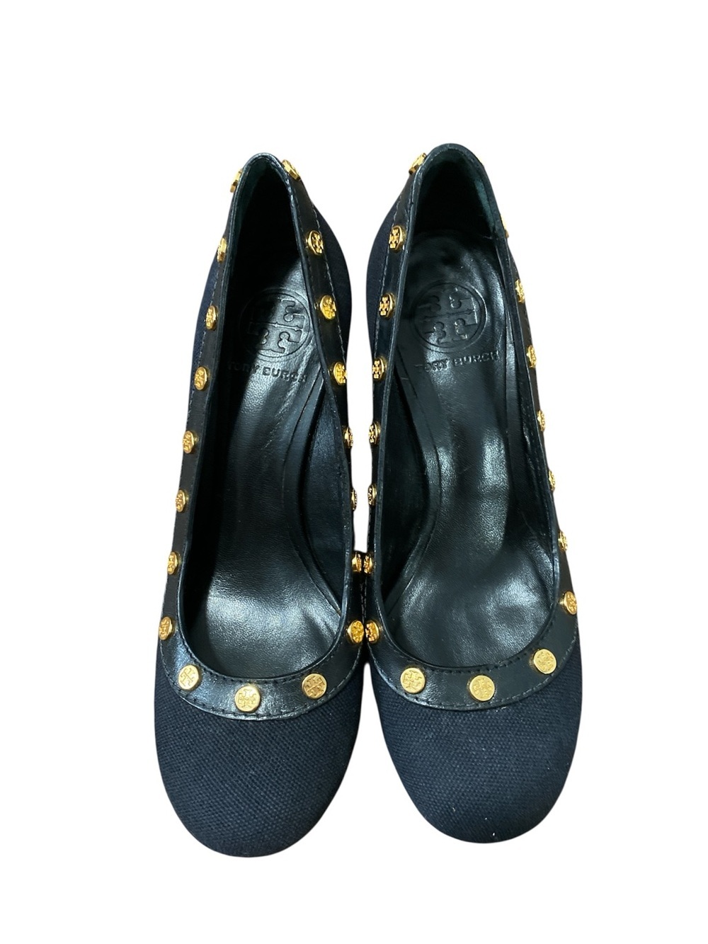 Tory Burch Black Canvas Gold Logo Stud Block Heel Pumps Women’s Size 7M